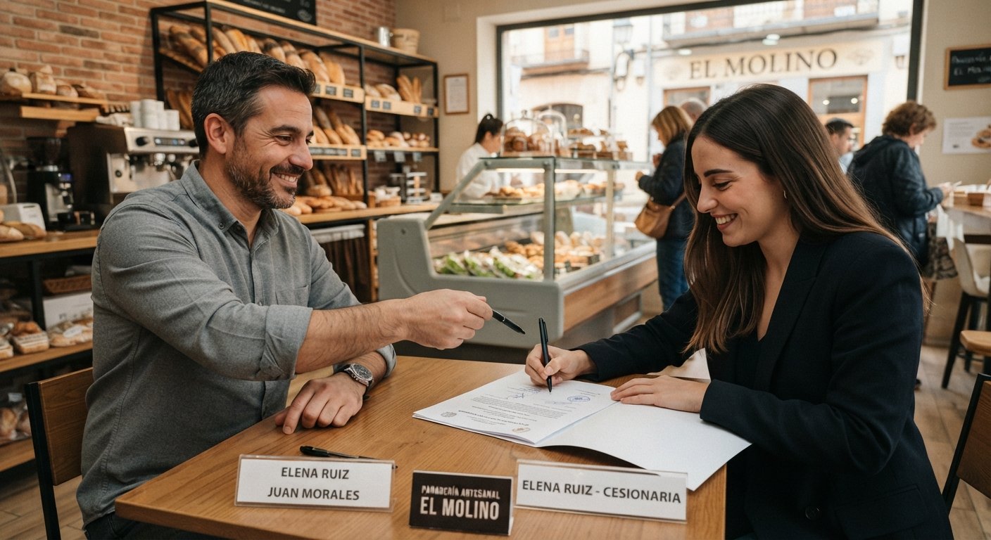 Autónomo firmando la cesión de actividad de autónomos para transmitir su negocio a otro profesional